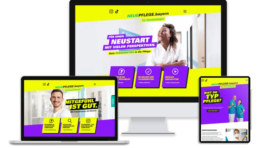 Die Website Neuepflege Bayern auf verschiedenen Endgeräten